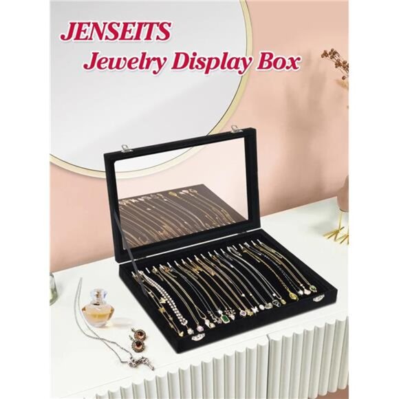 Necklace Organizer Jewelry Tray Velvet Display Box Dustproof Glass Lid Storage - Picture 5 of 7
